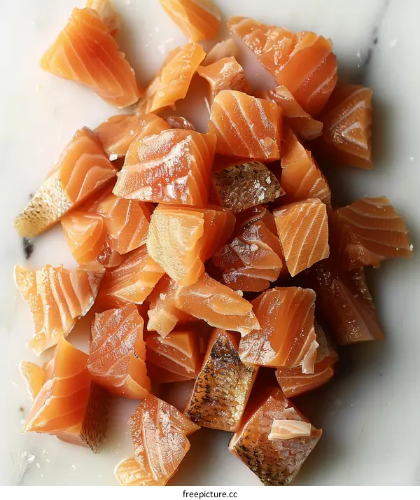 diced raw salmon fillet on a marble surface