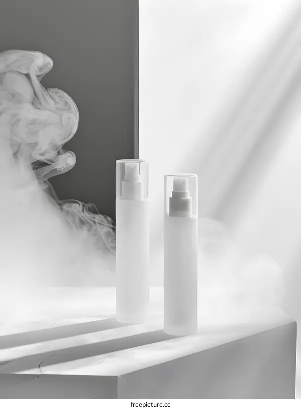 Two Cosmetic Bottles on White Platform with Smoke