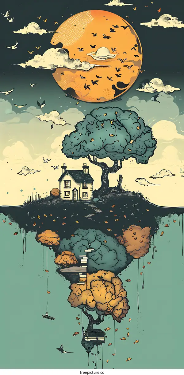 Upside Down House Illustration with Tree and Birds