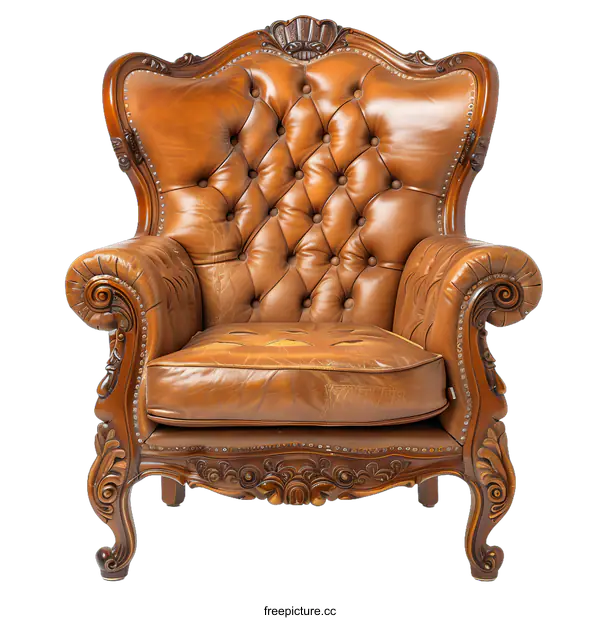 [Transparent Background PNG]Brown Leather Upholstered Armchair With Carved Wooden Frame