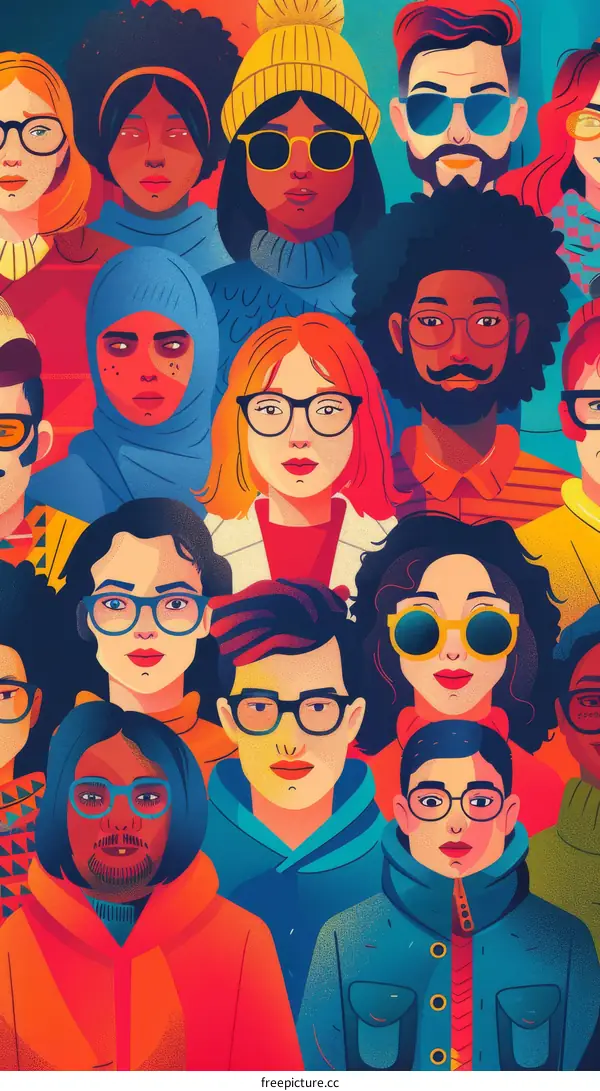 A diverse group of people of different ethnicities wearing colorful clothes and eyeglasses