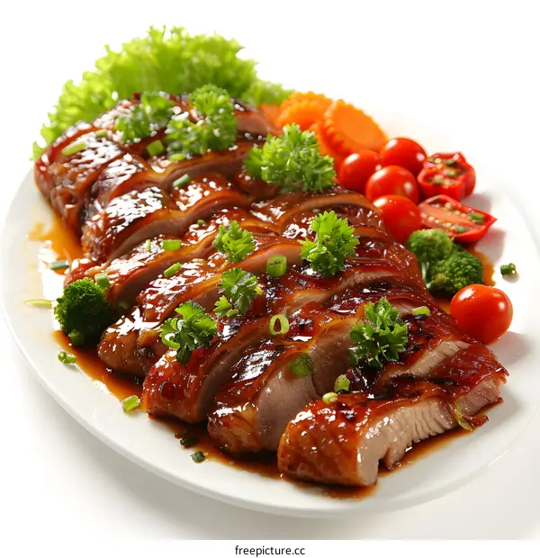 Roasted duck with garnish on white plate