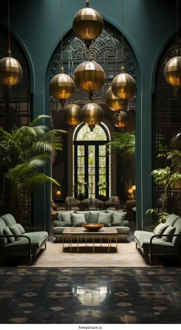 A Moroccan living room with a dark green color scheme and intricate details
