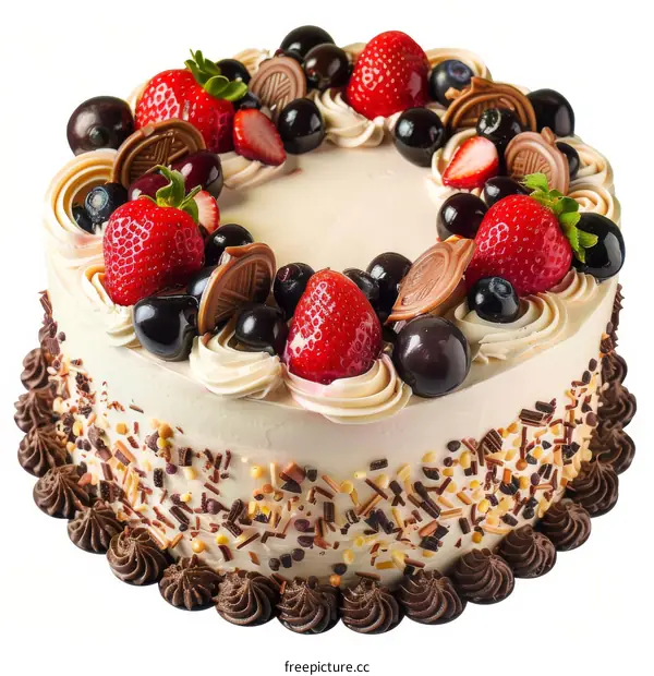 Delicious cake decorated with fruits and chocolate