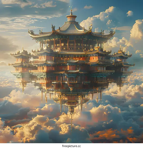 An illustration of a Chinese palace floating in the sky