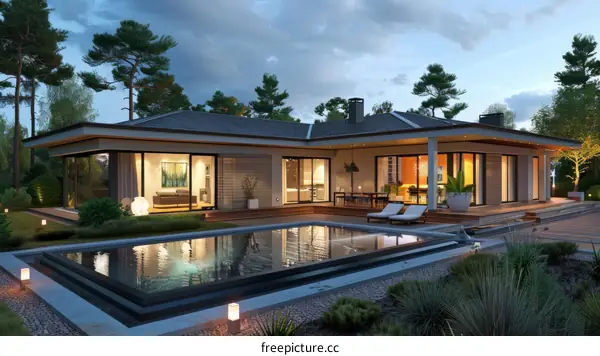 Modern Villa with Swimming Pool at Dusk