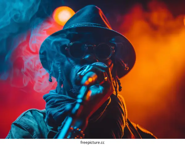 Black man with hat and sunglasses singing on stage