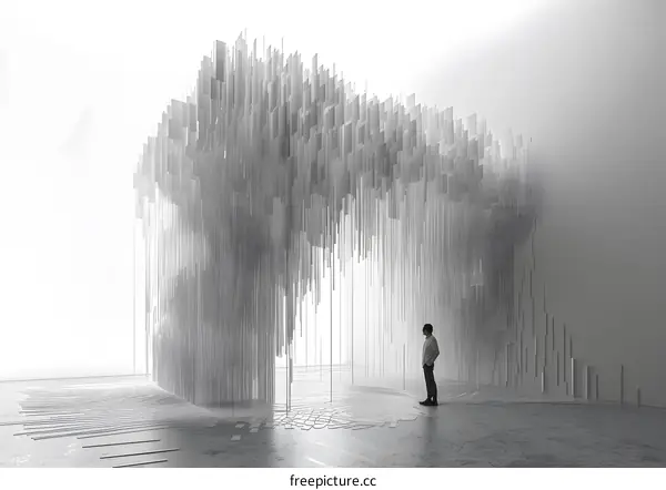 A person standing in an art installation made of hanging white paper