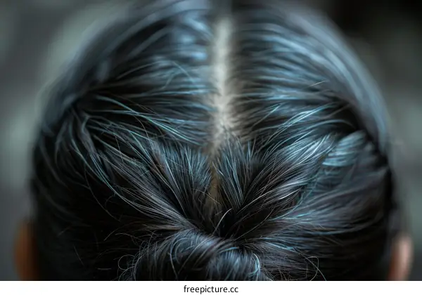 Close up of woman's head with dark hair