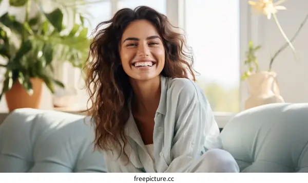 Portrait of a beautiful smiling young woman sitting on a couch