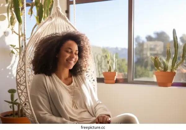 Smiling woman relaxing in a hammock enjoying the sunlight