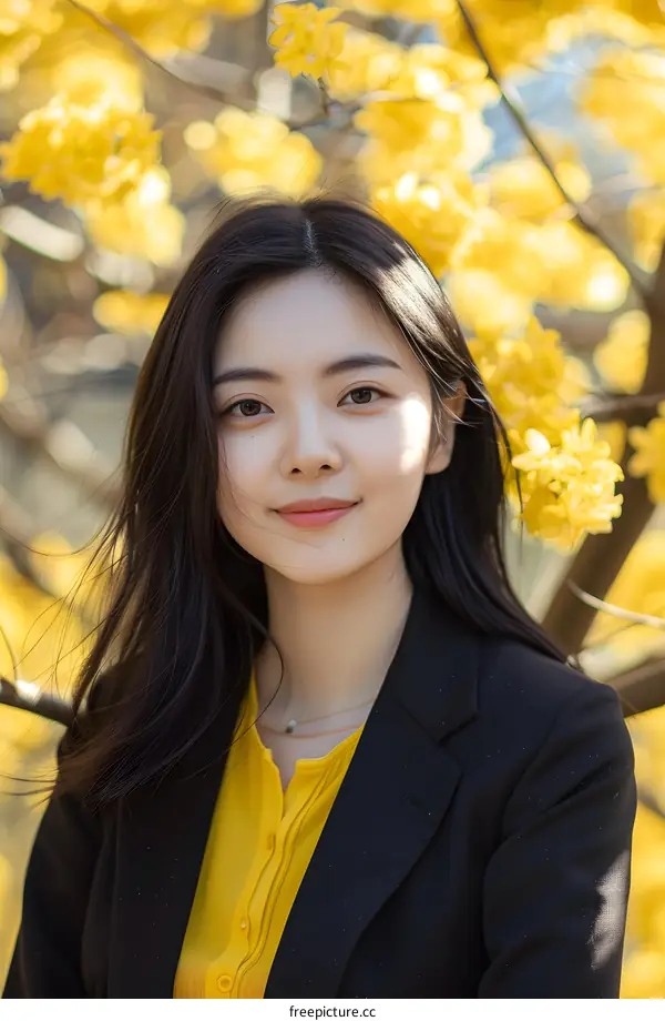 Smiling Young Woman in Yellow Shirt and Black Blazer Against Background of Yellow Flowers