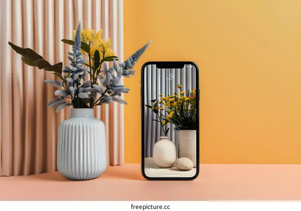 Minimalist Phone Display with Flowers and Vases