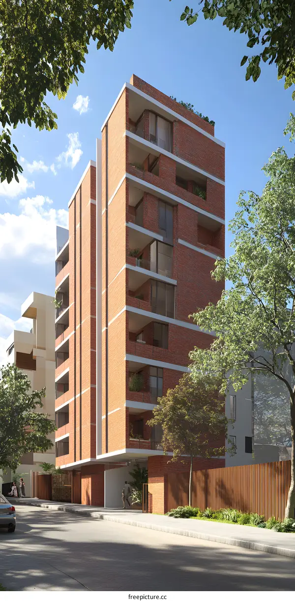 Modern Brick Apartment Building Exterior with Green Trees