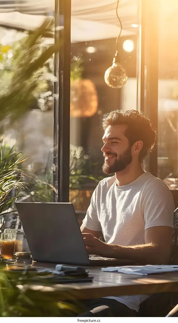 Smiling Man Working on Laptop in Cafe