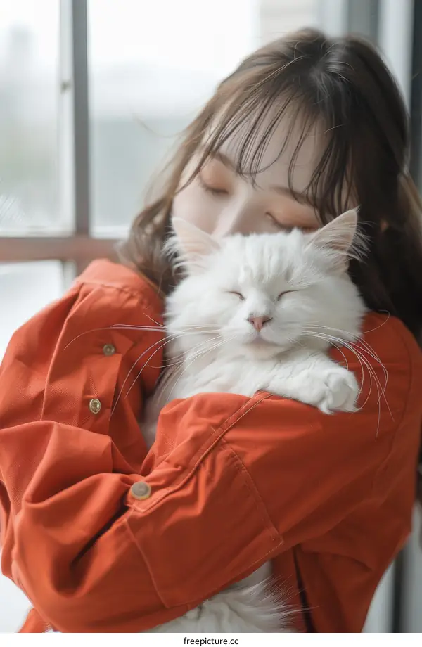 A ginger cat sleeping in a woman's arms