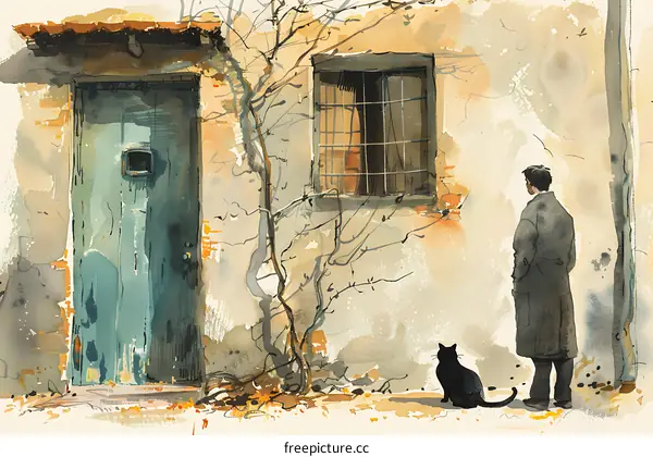 Man and Cat by an Old House