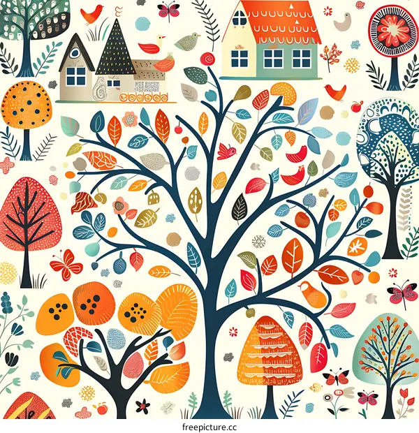Colorful Autumn Forest Illustration with Houses and Birds