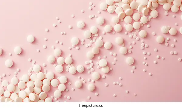 Scattered White Pills on Pink Background