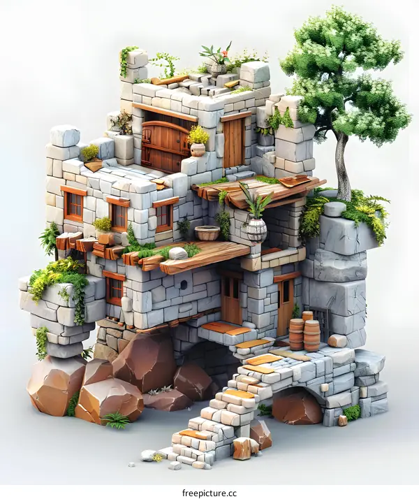 A stone house with a tree on the top