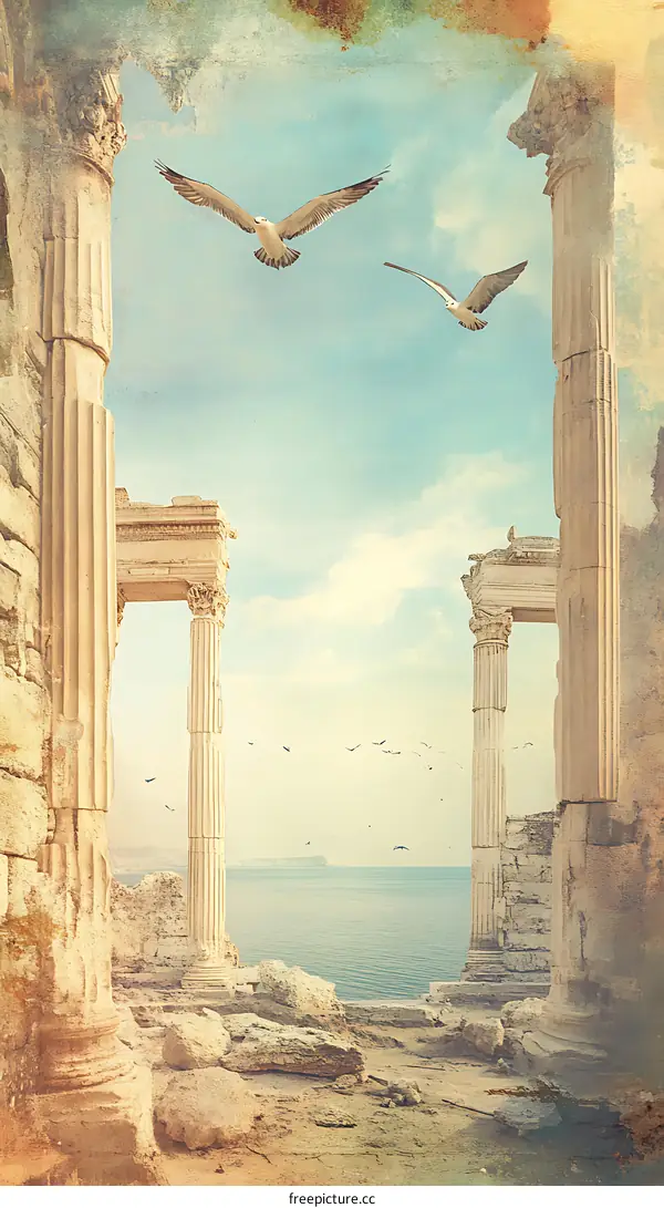 Vintage Ruins of Ancient Temple With Sea View