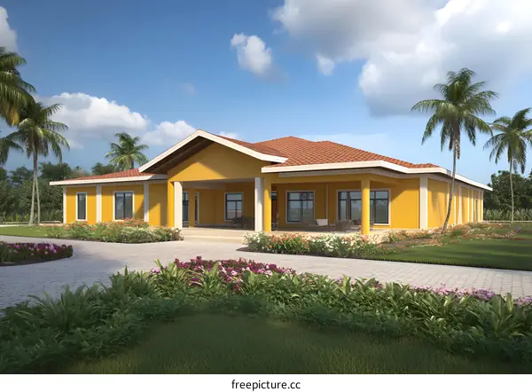 Yellow Modern House with Palm Trees