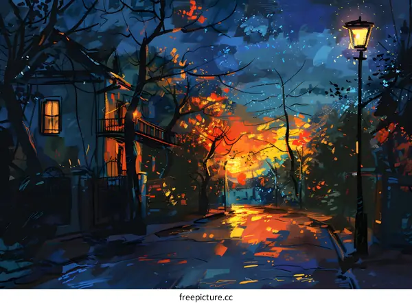 Night Street Scene with a Streetlight