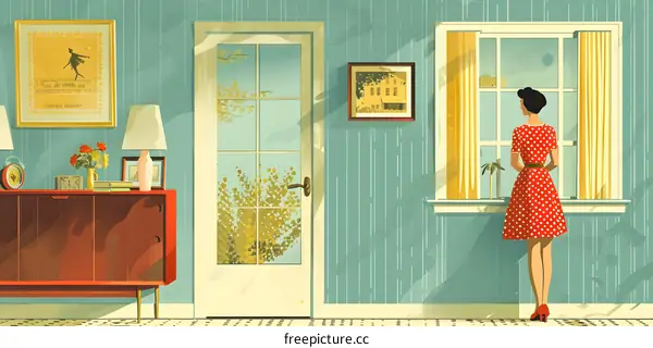 retro woman looking through window