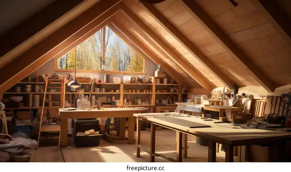 A carpentry workshop in the attic of a house