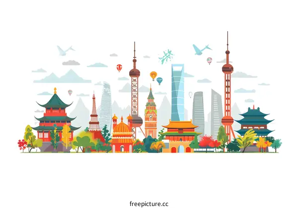 Famous Landmarks Around the World Skyline Illustration