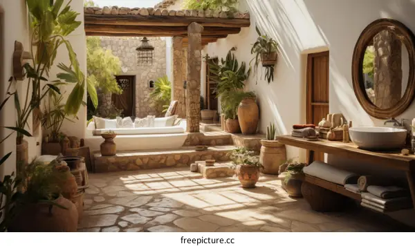 Serene Mediterranean Courtyard with Stone Floor and Lush Greenery