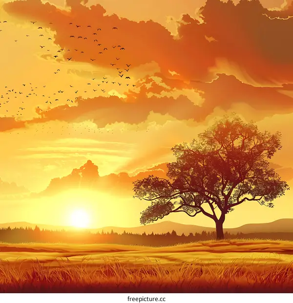 Beautiful Sunset Landscape Illustration With A Silhouette Tree