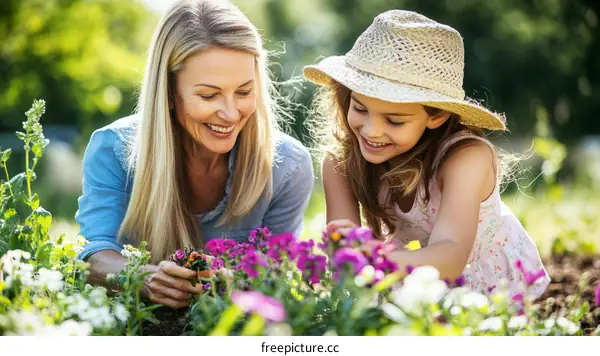 Mother and Daughter Planting Flowers in Garden