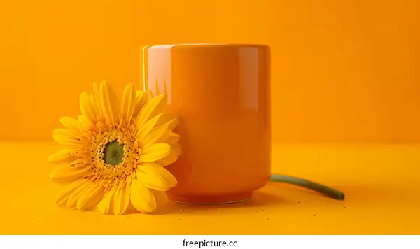 Orange Mug with Yellow Flower on Orange Background