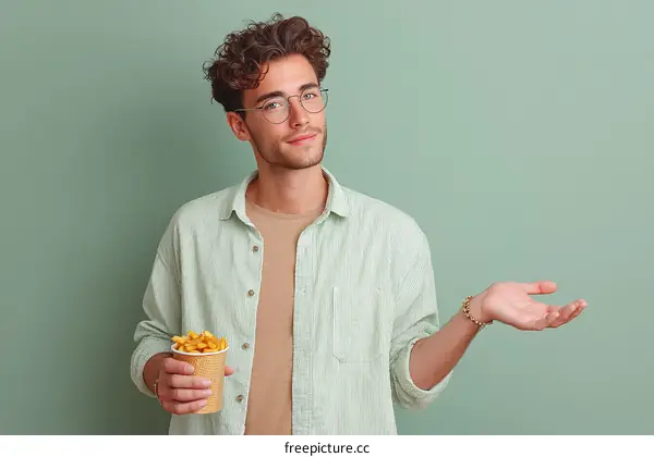 Young Caucasian Man Holding French Fries  Casual Portrait