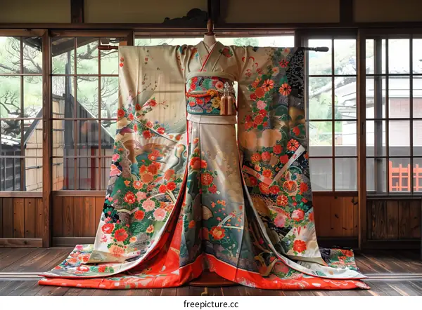 A kimono with a pattern of flowers and birds