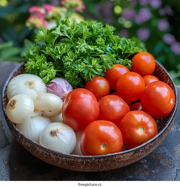 Fresh vegetables from the garden include tomatoes, onions, and parsley