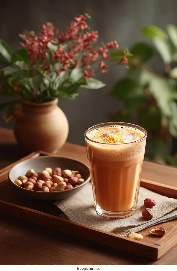 Delicious Cold Drink with Nuts on Wooden Tray