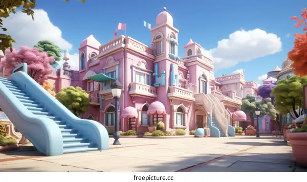 A pink and blue cartoon city street with a pink and blue slide