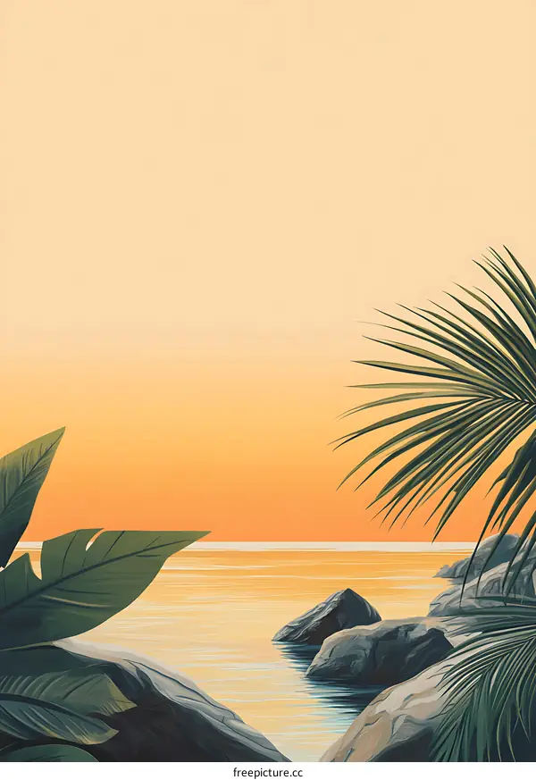 Tropical Sunset with Palm Leaves and Rocks