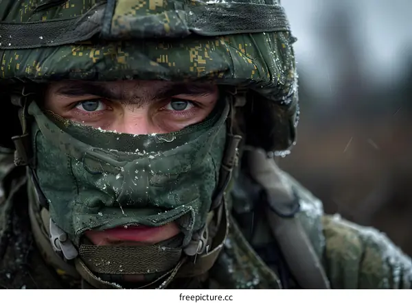 Portrait of a soldier in winter camouflage