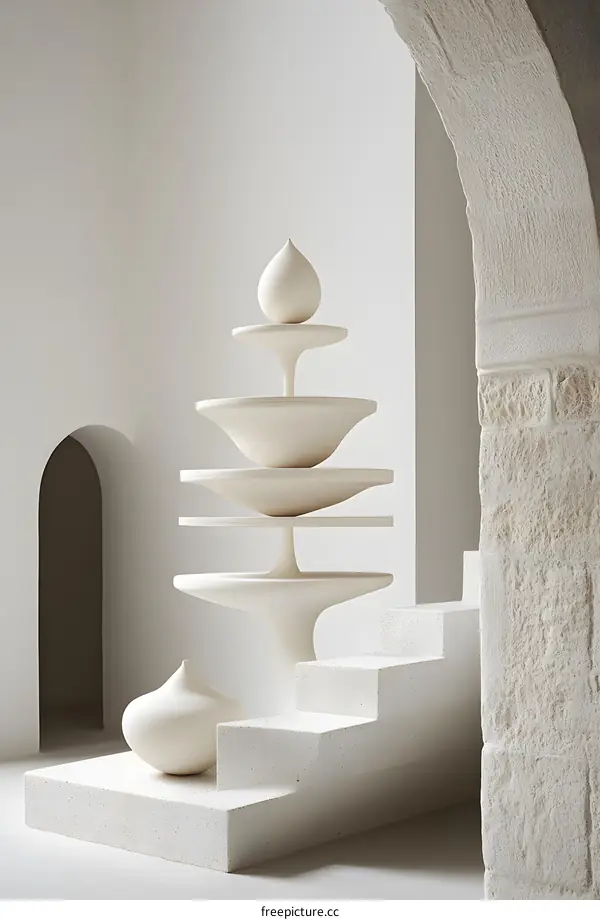 Modern Minimalist White Sculpture on Stone Steps in a White Room