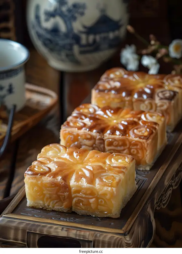 Traditional Chinese Moon Cakes with Flower Patterns