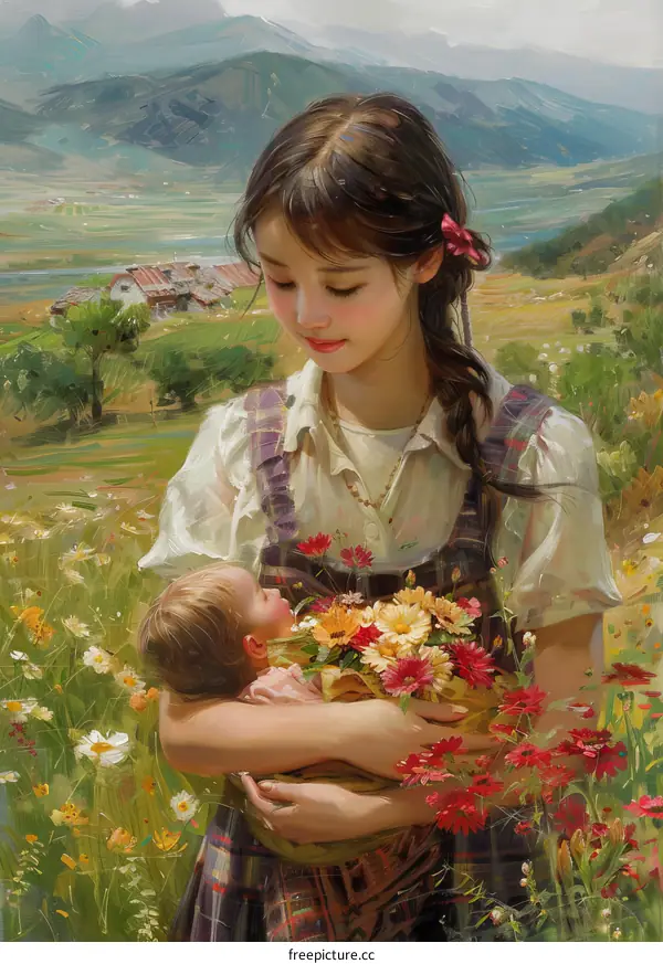 An illustration of a woman holding a baby in a field of flowers