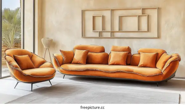 Modern Orange Sofa and Armchair Set in a Living Room