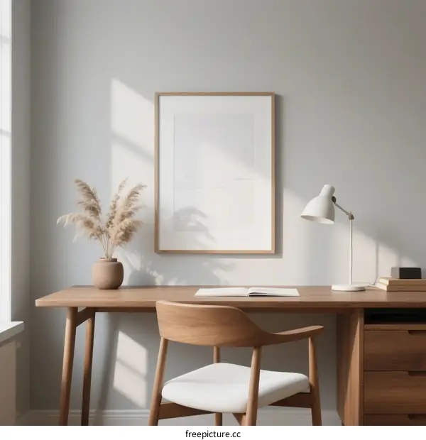 Modern minimalist home office desk with plants and lamp