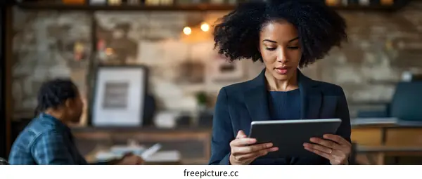 Focused African American Woman Using Tablet in Office
