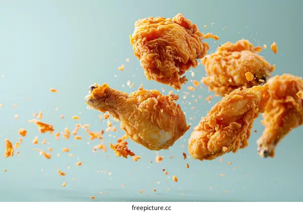 Crispy Fried Chicken Pieces in Motion