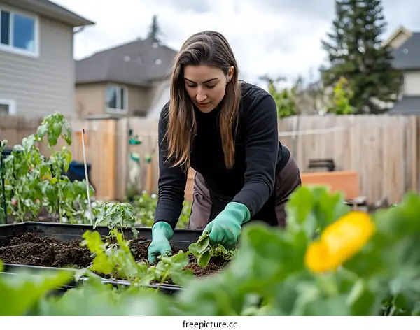 Woman Gardening in a Raised Garden Bed