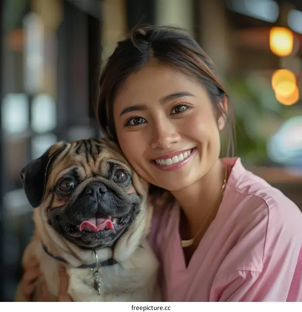 pug dog and woman smiling together indoors